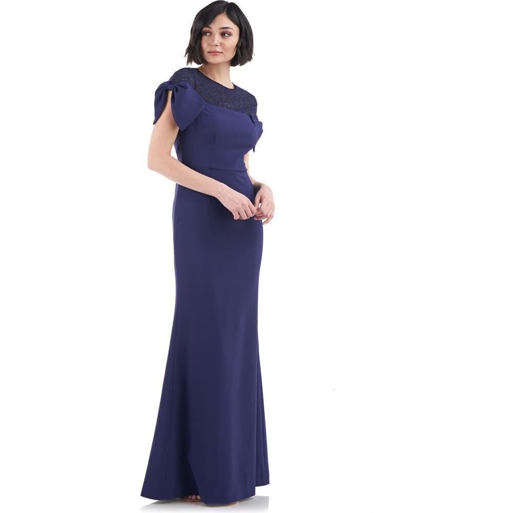 JS Collections Annalise Bow Mermaid Gown Women's 2 Navy Blue Maxi Short Sleeve
